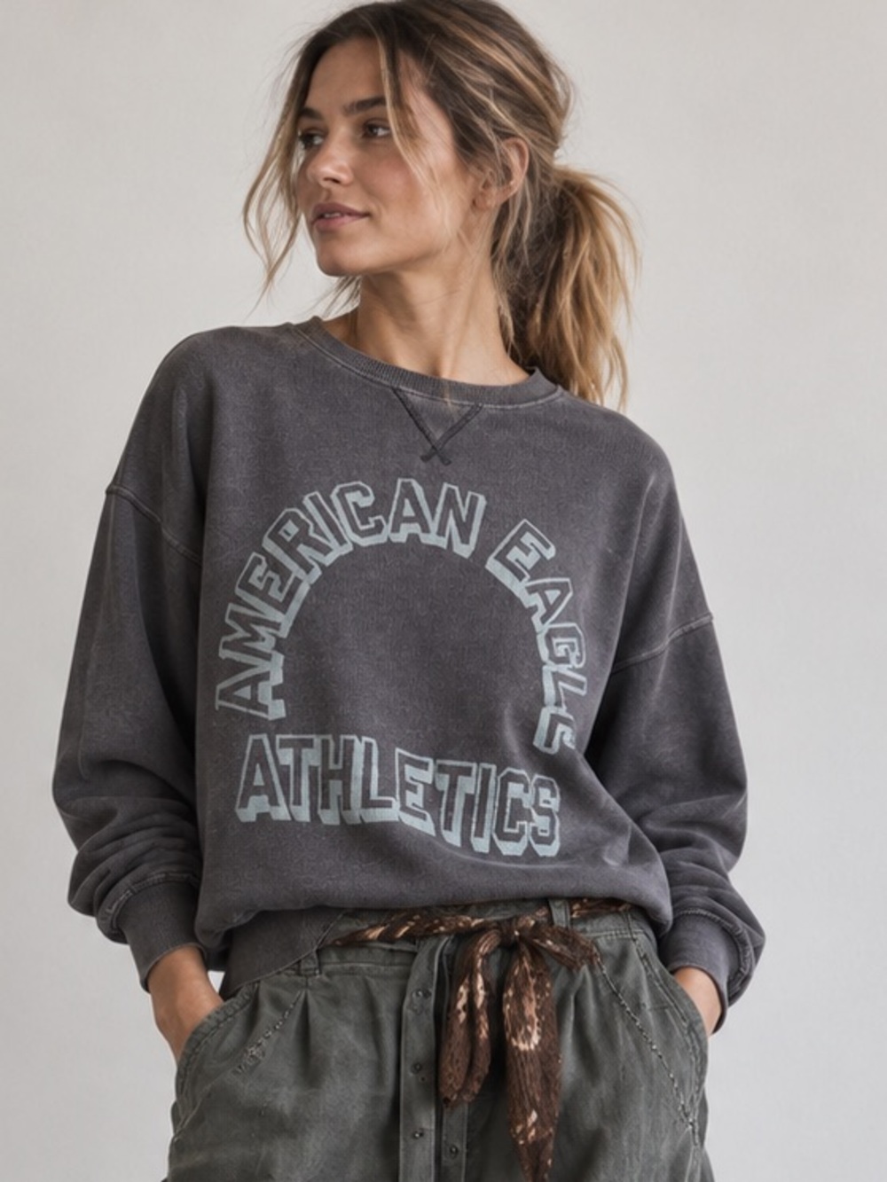 American Eagle “Seriously Lived In” Athletics Sweatshirt in Charcoal- Oversized